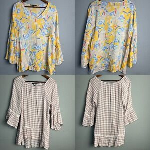 Lot of‎ 2 Zac & Rachel Flowy Floral Bell Sleeve Blouse V Neck Top Bohemian Sz L